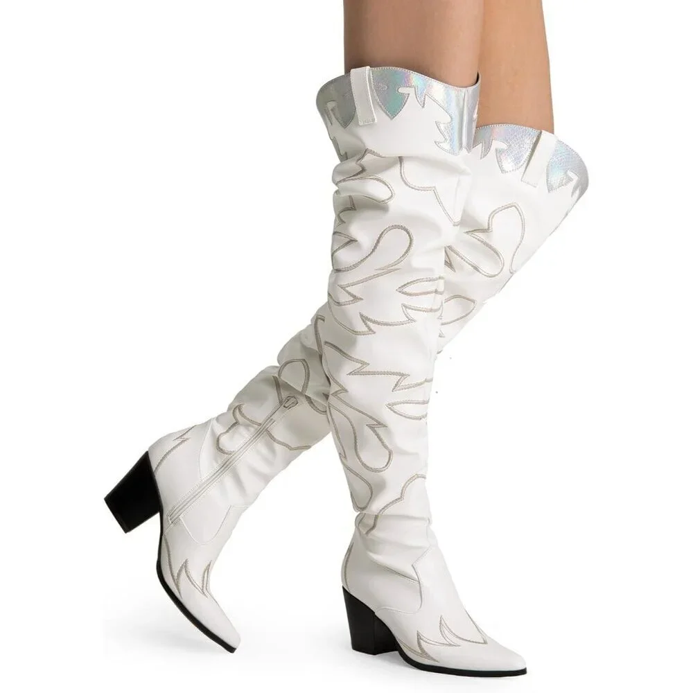 Women White Faux Suede Cowboy Boots Over The Knee Thigh High Western Boots